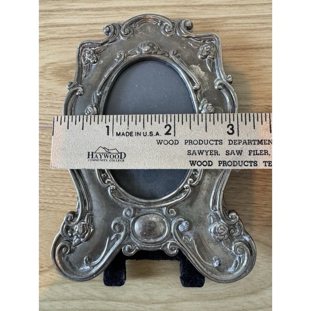 Ornate Silver Tone Oval Photo Frame Roses Floral Scroll Easel Back Victorian